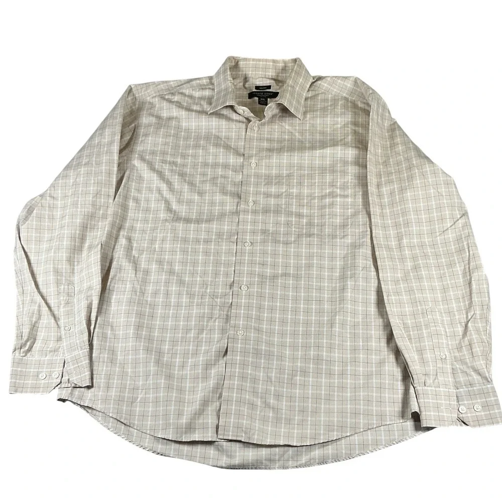 Pronto Uomo Mens XXL Tan Plaid Non-Iron Cotton Long Sleeve Dress Shirt Button Up
